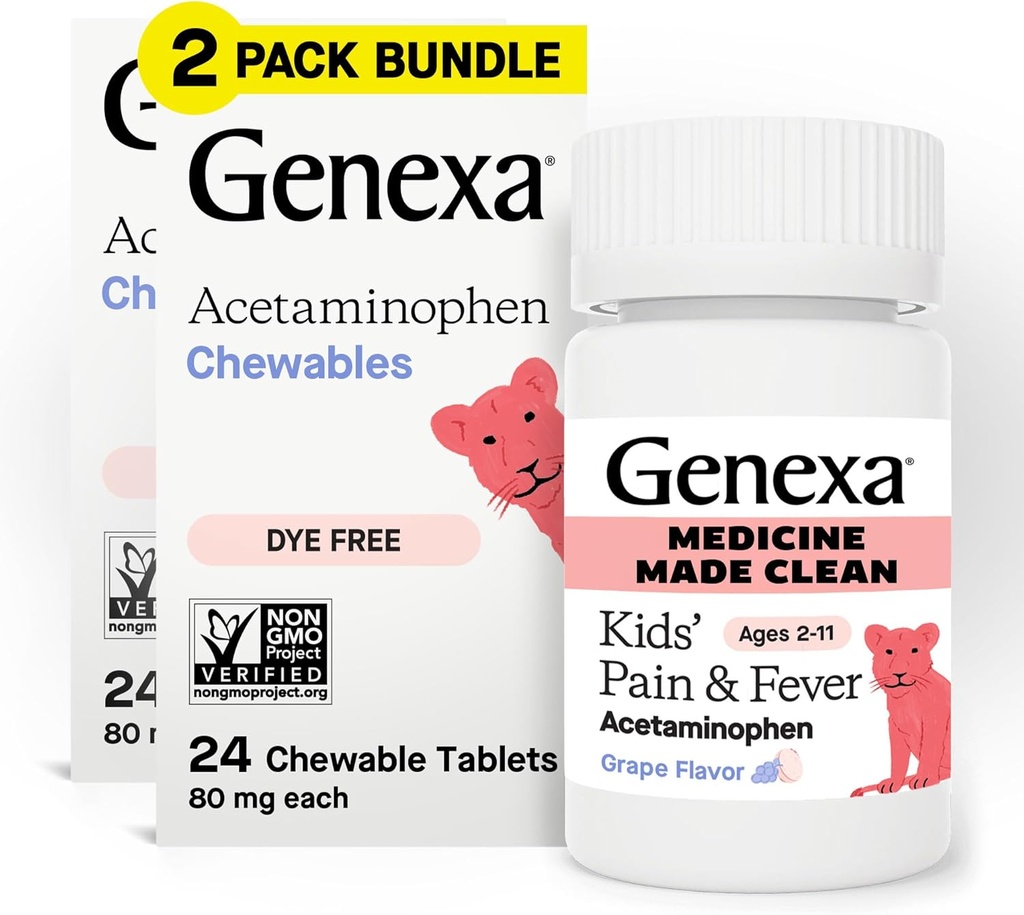 Genexa Kids’ Clean Pain &amp; Fever Acetaminophen Chewables, Dye Free, 0% Artificial Additives, Delicious Grape Flavor, Chewable Medicine for Children 2-11, 80 mg por Tablet, 48ct (2 Pack)