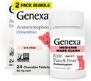Genexa Kids’ Clean Pain &amp; Fever Acetaminophen Chewables, Dye Free, 0% Artificial Additives, Delicious Grape Flavor, Chewable Medicine for Children 2-11, 80 mg por Tablet, 48ct (2 Pack)