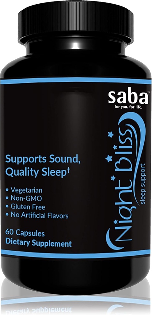 Saba Night Bliss Natural Sleep Aid ← Non-Habit Forming ← Sleep Supplement for Longer Sleep & Stress Relief w/Magnesium, Melatonin, GABA, Chamomile, " Valerian (60 Vegan Capsules, 30 Day Supply)