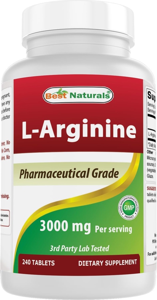 Mejores Naturales L-Arginina 3000mg Por Serving - 240 Tabletas - Farmacéutica Grado - No GMO &amp; Gluten Gratis - Made in The USA