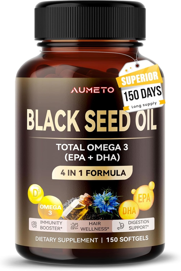 Óleo de semilla negro orgánico - 150 Softgel - 100% Frío Fuente prensada de Omega 3 (EPA + DPA) - Skin, Hair, Immune Support (150 Cuenta (Pack of 1))