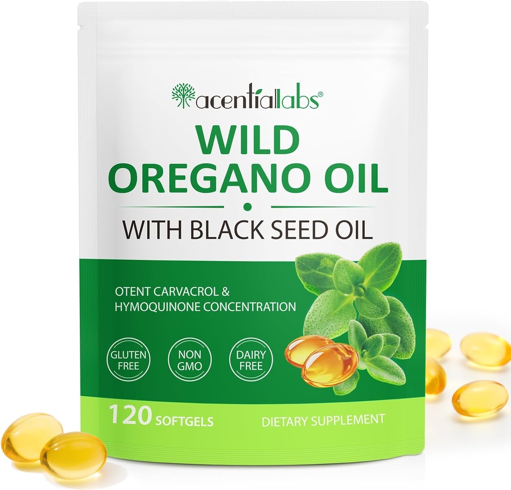 Óleo de Oregano Softgels, 120 Conde Oregano Suplemento de aceite cápsulas, 2 en 1 6000mg Aceite de orégano con aceite de semilla negra 200mg, Extracto de aceite de orégano orgánico, No GMO, Gluten Free