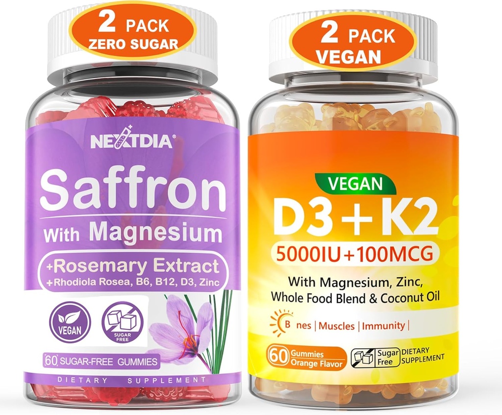 2Pack Saffron Suplementos Gummies + 2Pack Vegan Vitamina D3 5000IU K2 Gummies, Whole Food Blend, Coconut Oil, Magnesium