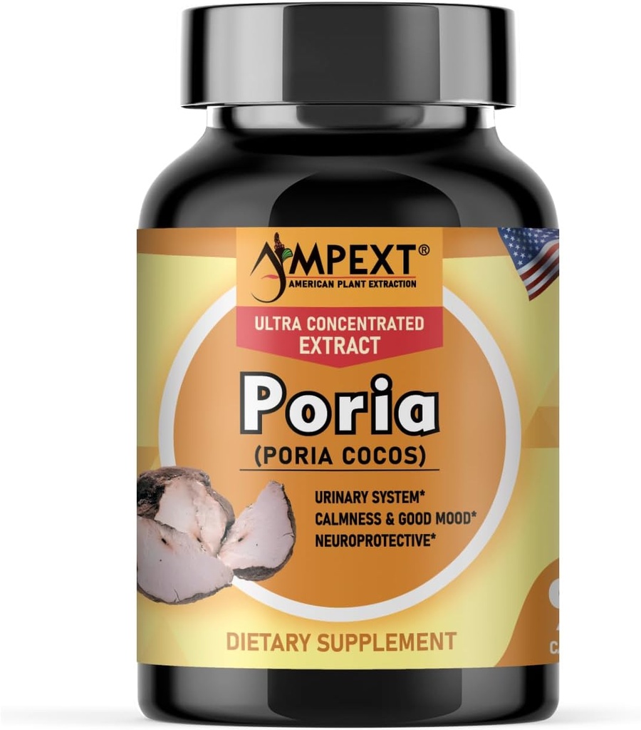 Poria Cocos Mushroom Extract - Calidad Premium, Solo Cuerpos Frutas Extracto, Antioxidante, Apoyo al Riñón, Calmness & Good Mood, Boost Cardiovascular, 90 Veg Caps.
