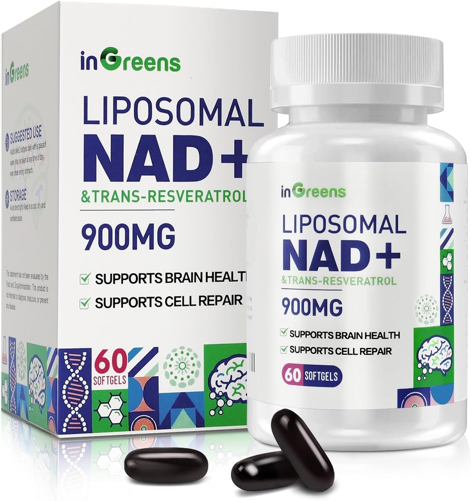 900 mg Liposomal NAD+ Suplemento con Resveratrol Trans 300 mg, reemplaza NMN, Absorción Superior, Verdadera NAD Plus Suplemento para Reparación de ADN y Boost NAD+, Defensa del envejecimiento, Energía, Longevidad, 60 Softgels