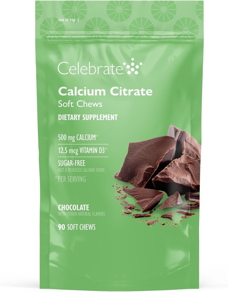 Celebrar vitaminas Bariatric 500mg Calcio Citar cerdas blandas con 500 UI Vitamina D3 – Esencial para el bypass gástrico Pacientes " Bone Health - Sugar " Gluten Free, Chocolate (90 Chews)