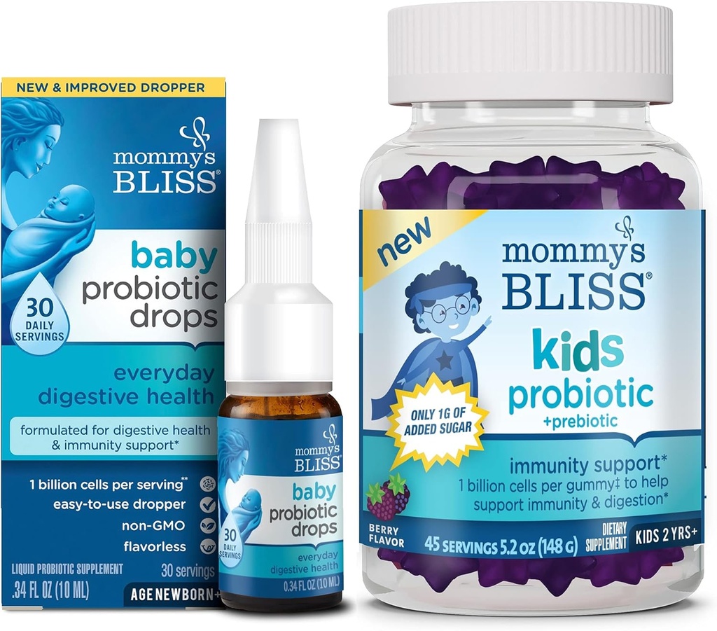 Mama's Bliss Baby Probiotic Drops Todos los días 30 Servings (Pack of 1) with Kids Probiotic + Prebiotic Gummies 45 Servings (Pack of 1), Immunity Support for All Ages: Newborns to Kids and Adults