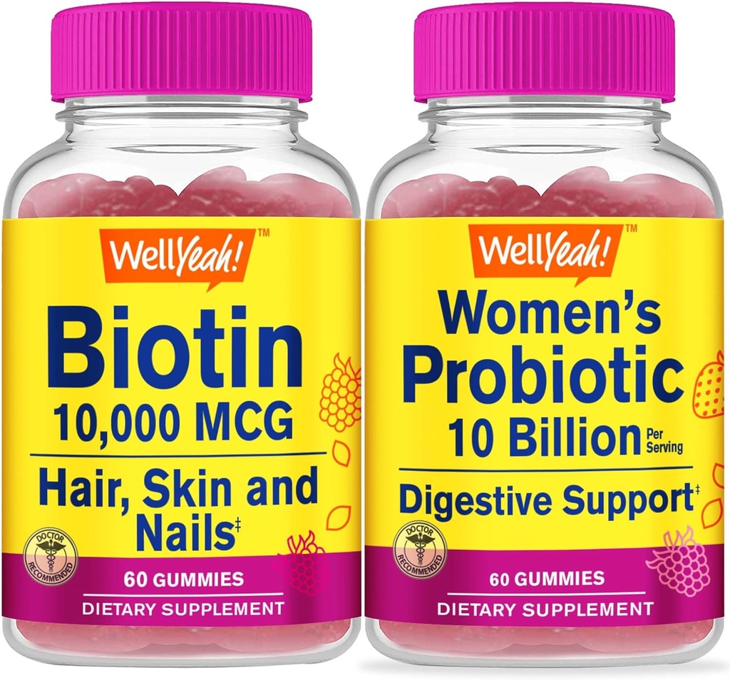 WellSí Biotina de alta potencia + Probióticos Mujeres 10B CFU, Gummies Bundle - Gran Tasting, Suplemento de vitamina, Gluten Gratis, GMO Gratis, Chewable Gummy
