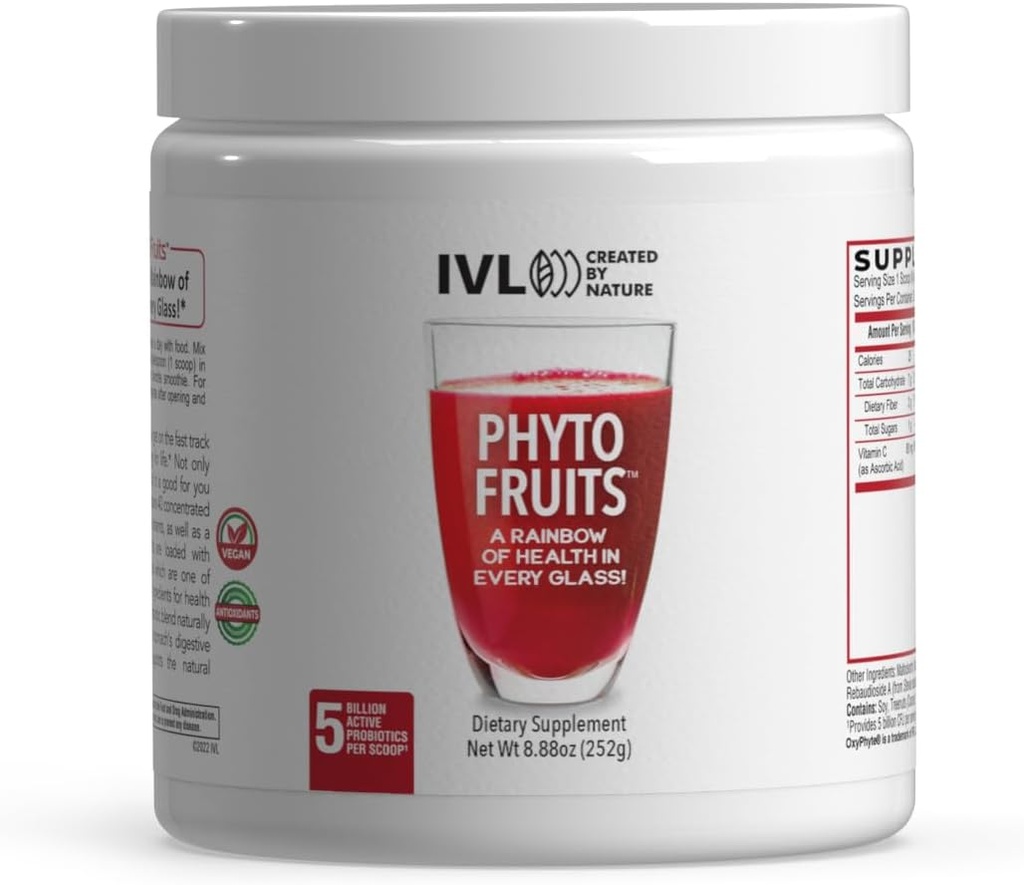 IVL - Phyto Fruits Superfood Powder - Support Energy - Digestive & Probiotic - Antioxidant - Vegan - 40 Fruits and Nutrients Plus 6 Probiotic Strains (30 Servings, 8.88 oz)