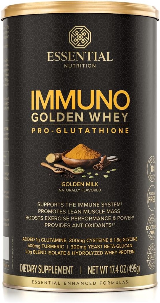 Essential Nutrition Immuno Whey - Hydrolyzed Whey Protein Powder, Whey Protein Isolate, 18g Protein Per Serving, Amino Acids, Glutathione Production - Turmeric Extract - Golden Milk - 17.4oz
