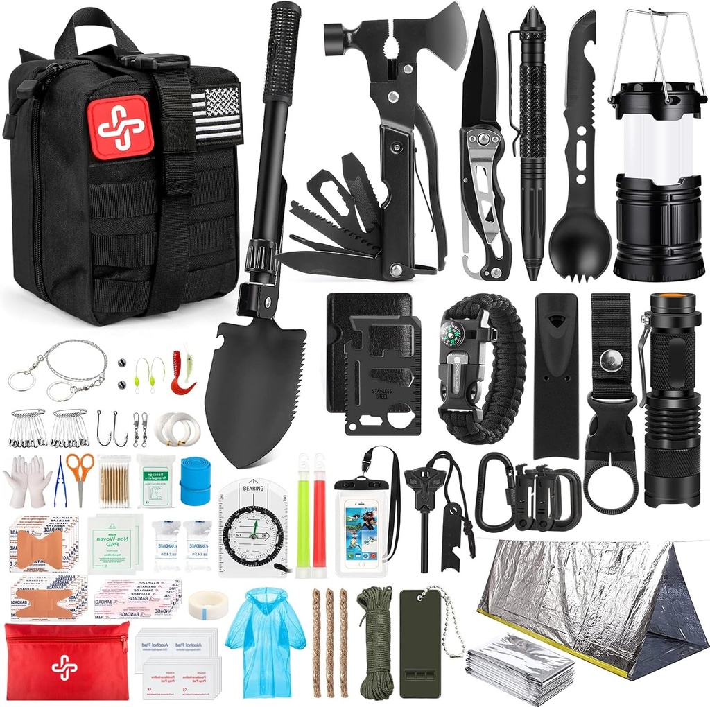 Kit de supervivencia, 250Pcs Equipo de primeros auxilios con sistema de moldes Bolsa compatible y tensión de emergencia, kit de emergencia para terremotos, aventura al aire libre, senderismo, caza, regalos para mujeres hombres
