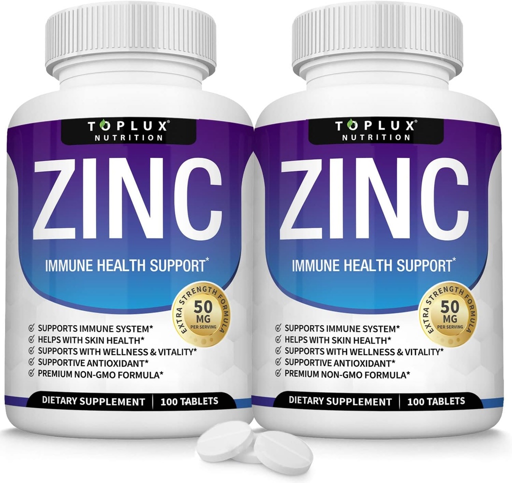 Suplemento Zinc 50mg para soporte inmunitario – Oxido puro de zinc natural para sistema inmunitario, soporte antioxidante de piel, Booster de inmunidad de alta potencia, para hombres mujeres, 100 tabletas