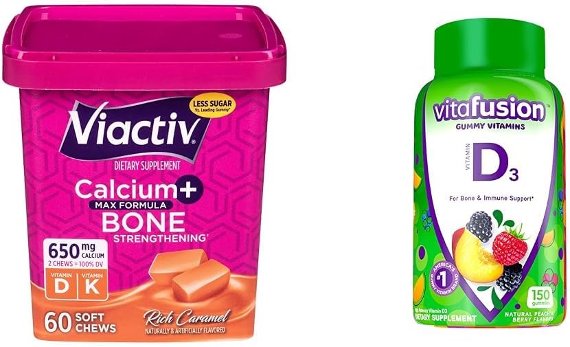 Viactiv Calcio +Vitamin D3 Suplemento Soft Chews, Caramel, 60 Chews - Calcio Suplemento dietético &amp; Vitafusion Vitamina D3 Gummy Vitaminas para el soporte del sistema de bonificación e inmune, Peach, Blackberry