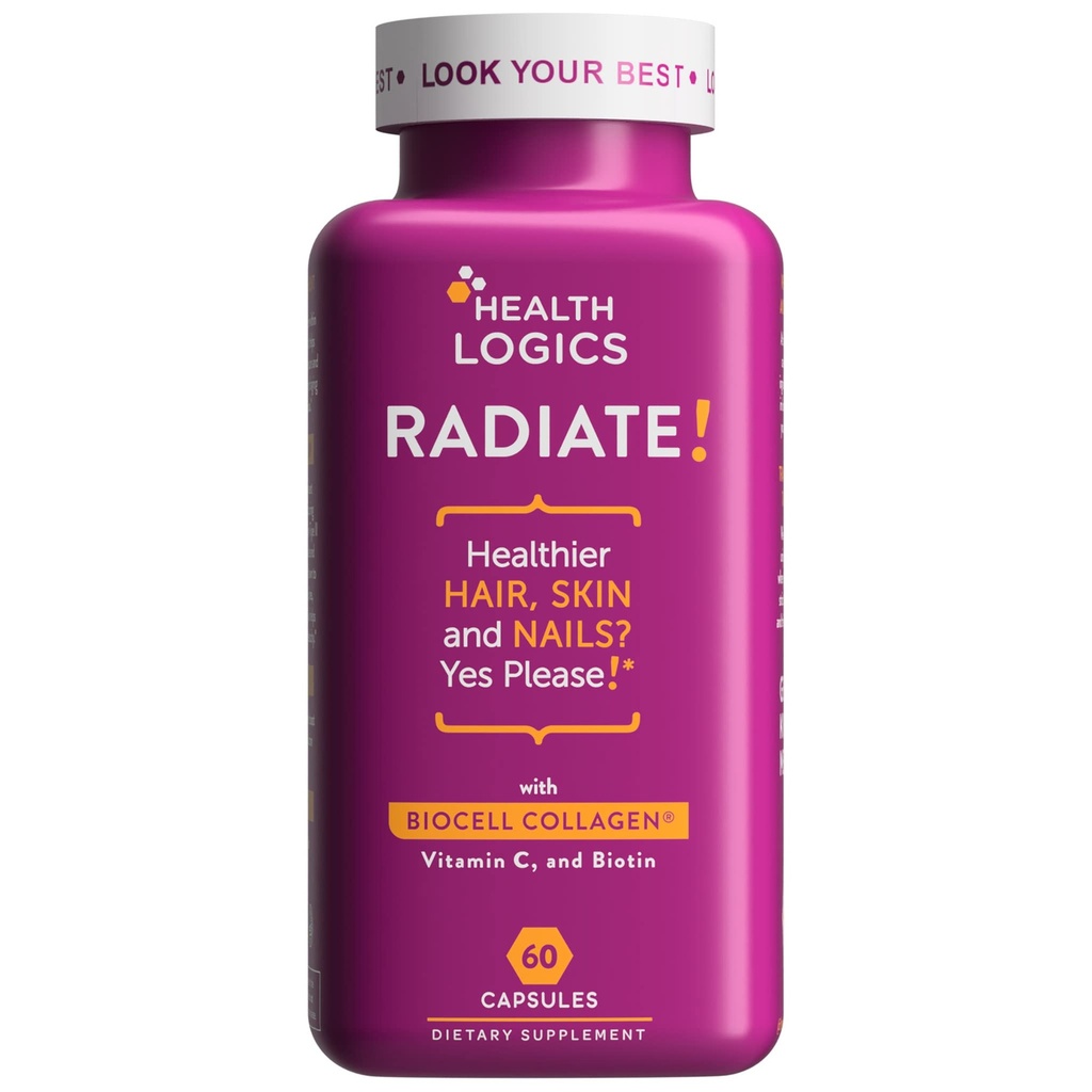 Lógicas de salud Radiate ¦ Hair Skin &amp; Nails with Biotin, BioCell Collagen, Vitamina C, Hyaluronic Acid ← Clínicamente Evaluado para reducir líneas faciales, arrugas, cuervos Pie &amp; Promocionar Confort Conjunto