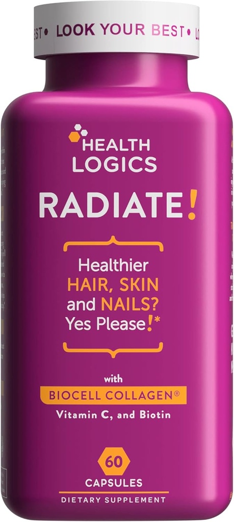 Lógicas de salud Radiate ¦ Hair Skin &amp; Nails with Biotin, BioCell Collagen, Vitamina C, Hyaluronic Acid ← Clínicamente Evaluado para reducir líneas faciales, arrugas, cuervos Pie &amp; Promocionar Confort Conjunto