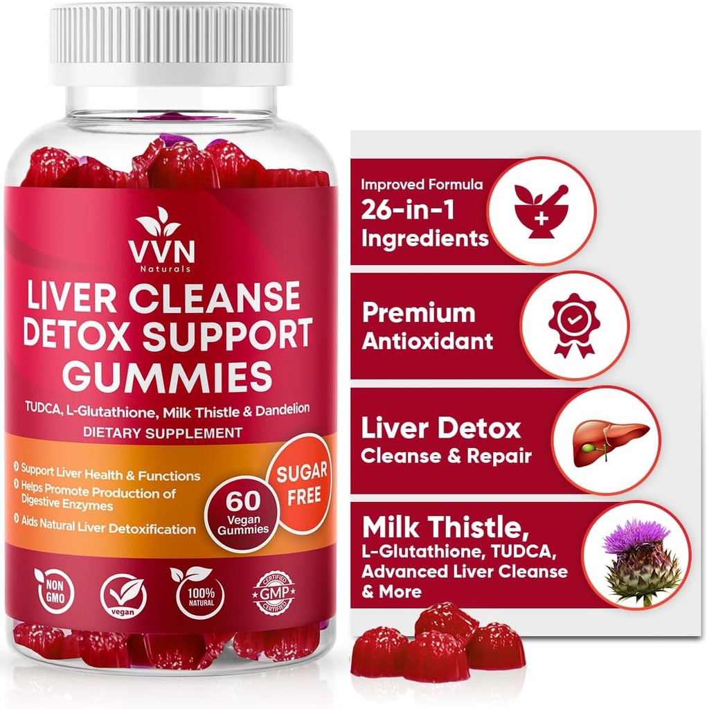 VVNaturals Sin azúcar 26 en-1 Liver Cleanse Detox &amp; Repair Fatty Liver Formula Gummies; 3000mg Blend of Glutathione, Silymarin Milk Thistle, Choline, TUDCA ← Liver Detox Gummies - 60 Vegan Ct