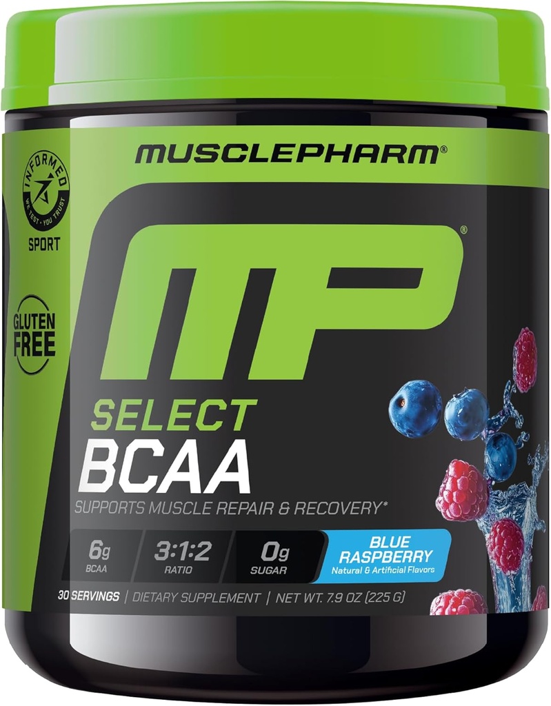 MusclePharm Essentials BCAA Powder, Pre &amp; Post Workout Recovery Drink, Supports Muscle Recovery & Energy Production, Essential Amino Acids Supplement, 30 Servings, Blue Raspberry Flavor