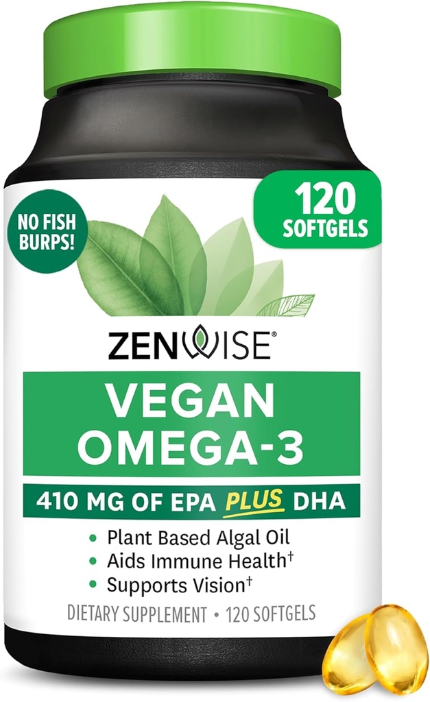 Zenwise Health Vegan Omega 3 Suplemento - Burpless Omega 3 Suplemento con DHA, EPA &amp; DPA Ácidos grasos para la salud inmune - Petróleo de pescado Alternativa de Algas marinas de origen sostenible - 120 Softgels