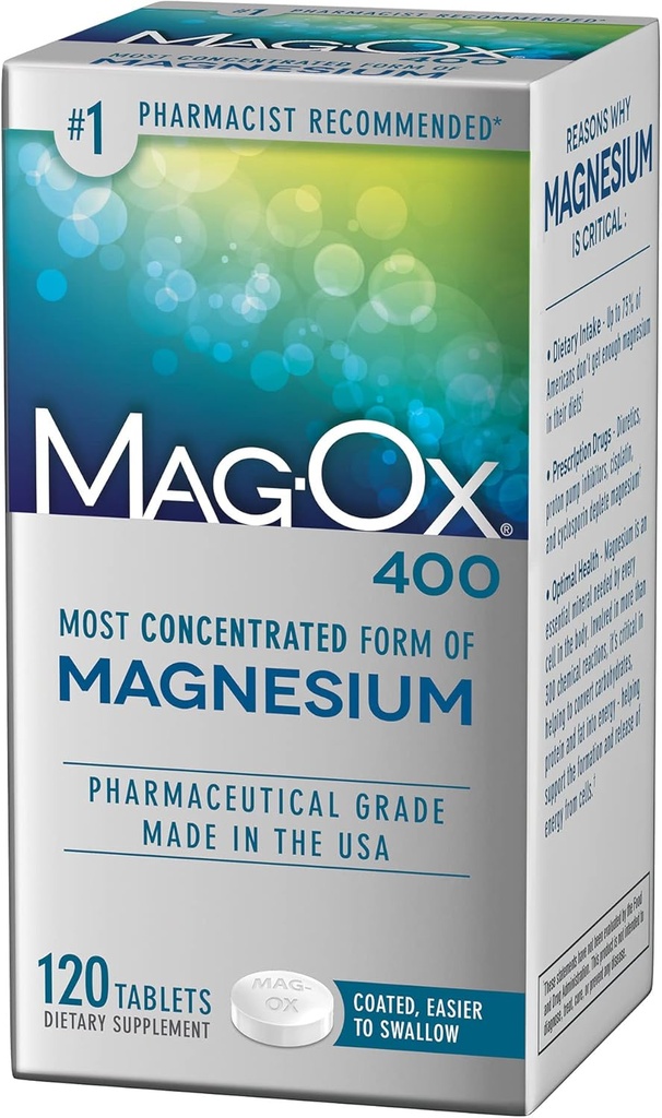 Mag-Ox Magnesium Supplement, Pharmaceutical Grade Magnesium Oxide 483mg, Most Concentrated Form of Magnesium, 120 Tablets