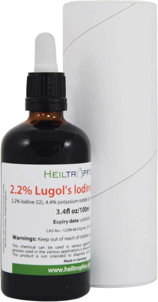 2.2% Solución de yodo de Lugol 3.4 Fl Oz peru Ingredientes de Grado Farmacéutico ← Solución de Lugols Hecho con yodo y Ioduro de Potasio. Heiltropfen®