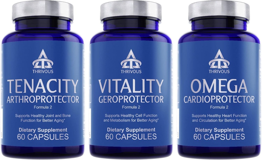 Thrivous Geroprotector Stack – Vitality + Tenacity + Omega Longevity Bundle para Metabólica, Mixta &amp; Heart Support – 180 Vegan Capsules