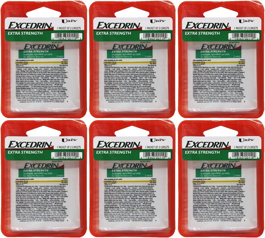 Extra Strength 6 de Uni's Excedrin Extrength 6 Conde Single Dose Relief 2 caplets en cada paquete. Ayuda a aliviar dolor de cabeza, dolor de estómago, dolor de espalda, calambres menstruales, colon común y dolores musculares.