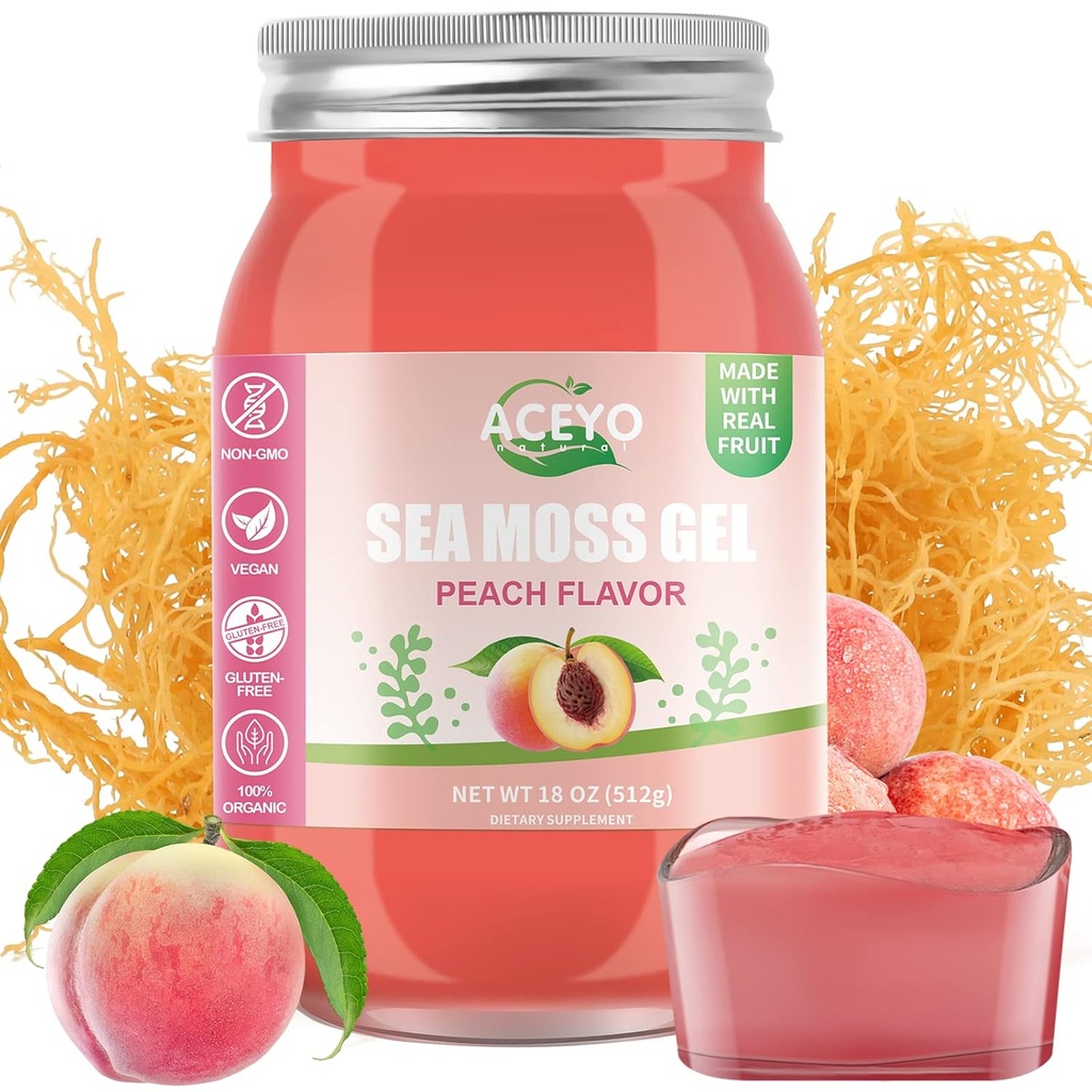 ACEYO (18 OZ) Irish Sea Moss Gel Organic Raw Vegan Peach Flavor 102 Vitaminas y Minerales Wild Harvested Non-GMO Immune Defense Booster Thyroid Digestive Support