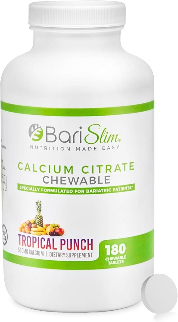 Citrate de calcio bariSlim Bariatric con placas de Magnesio y Vitamina D - 500 mg de Citrate de Calcio por Servir - Formulado para Pacientes Después de la Pérdida de Peso Cirugía