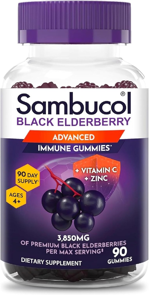 Sambucol Gummies de arándano para adultos con vitamina C; Zinc; Sambucus Gummies de arándano para apoyo inmunitario con antioxidantes altos; Gluten Gratis; Vegan; 1 Gummy Por Servir; 90 Conde (90 Day Supply)