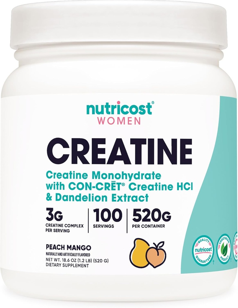 Nutricost Creatine Monohydrate Powder for Women, Micronized, Peach Mango, 100 Servings - Vegetariano, Non-GMO, Gluten Free