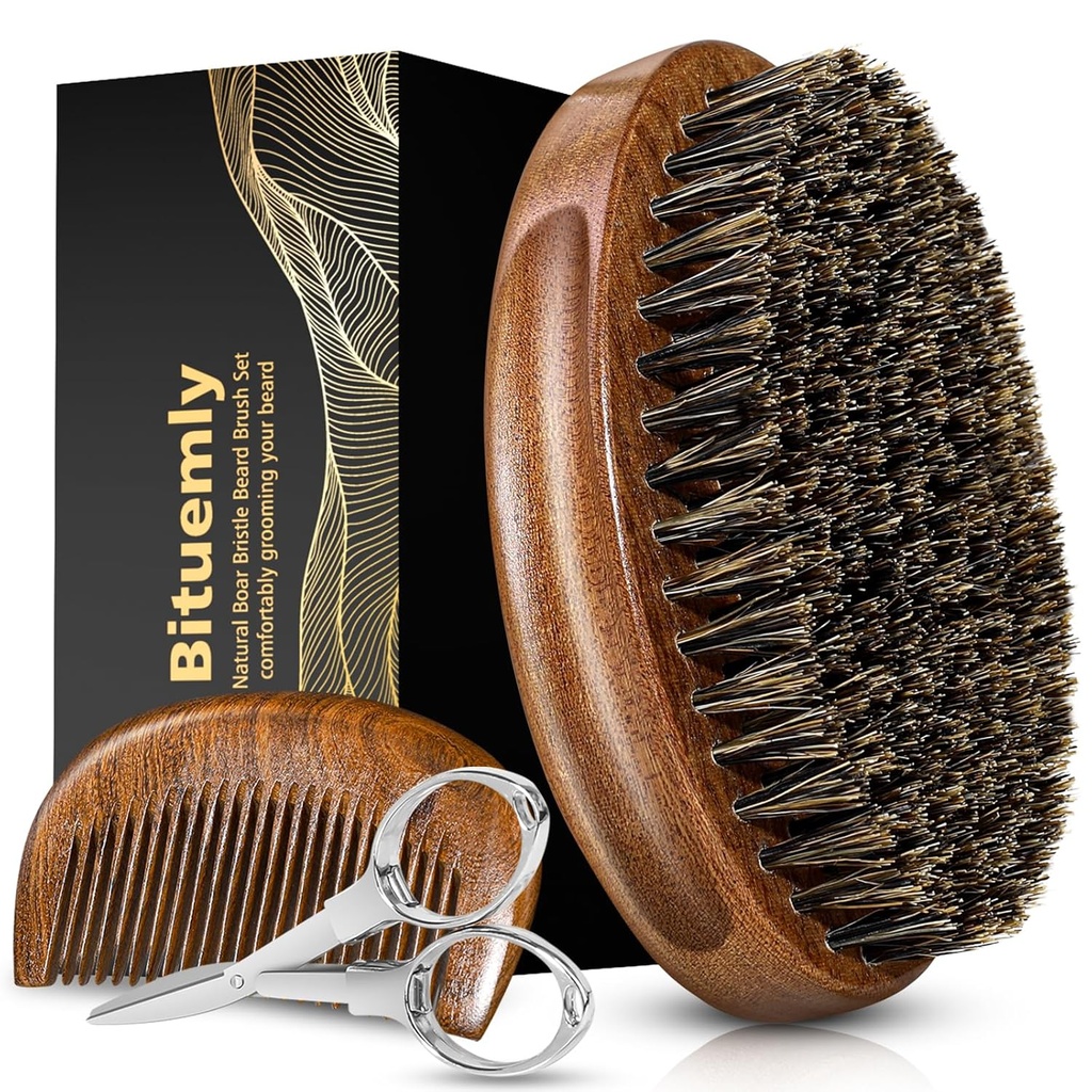 Cepillo de barba, Cepillo de barba natural para hombres y madera Sandalwood juego de la barba, kit de baño de pelo facial con tijeras de bigote como una herramienta de estilo, crecimiento, ángulos, brillo