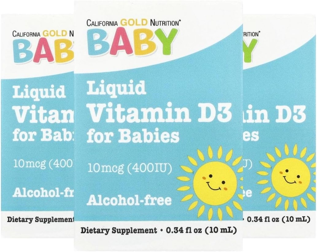 California Gold Nutrition Baby Vitamin D3 - Liquid D3 Supplement for Babies, Vegetarian Friendly - Developmental Support - Alcohol &amp; Gluten Free, Non-GMO - 10 mcg (400 UI) - 0.34 fl oz (10 ml), 3