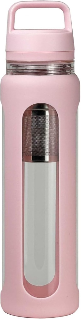 20oz Botella de agua de vidrio con Silicona Sleeve, 600ml Mug con 2 Lid Tier (Wide Mouth and Small Mouth Straight Drinking) con Tea Leak Bottle - Gym Yoga Actividades al aire libre (Pink)