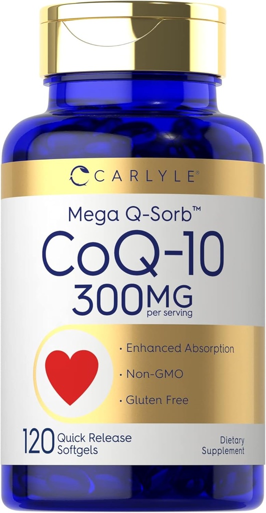 Carlyle CoQ10 300mg TEN 120 Softgels TEN Mega Q-Sorb Coenzyme Q-10 Silencio con Black Pepper Extract ANTE No GMO, Gluten Free Supplement