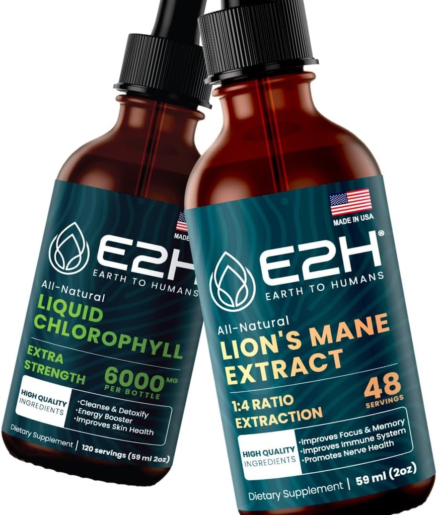 E2H: Clorofila líquida y el seno de mane del león voca Vegan, No GMO - 2 Fl Oz Cada (4 Fl Oz Total) - Bundle
