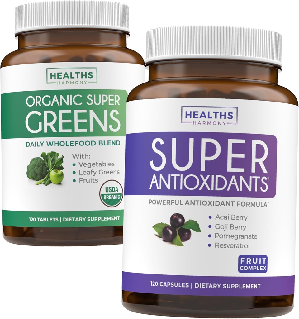 Super Greens & Antioxidants (2-Month Supply) Antioxidant Power Greens Bundle of Organic Super Greens Powder - Superfood completo (120 cápsulas) & Super Antioxidantes - Powerful Superfood (120 cápsulas)
