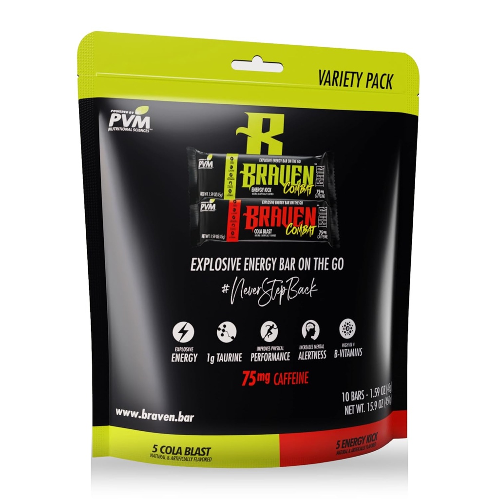 Braven Combat Variety Pack Bares de Energía con Caffeine (1.59 oz, Pack of 10) – Bares de Energía On-The-Go con 75 mg de Caffeine – Garras gratis