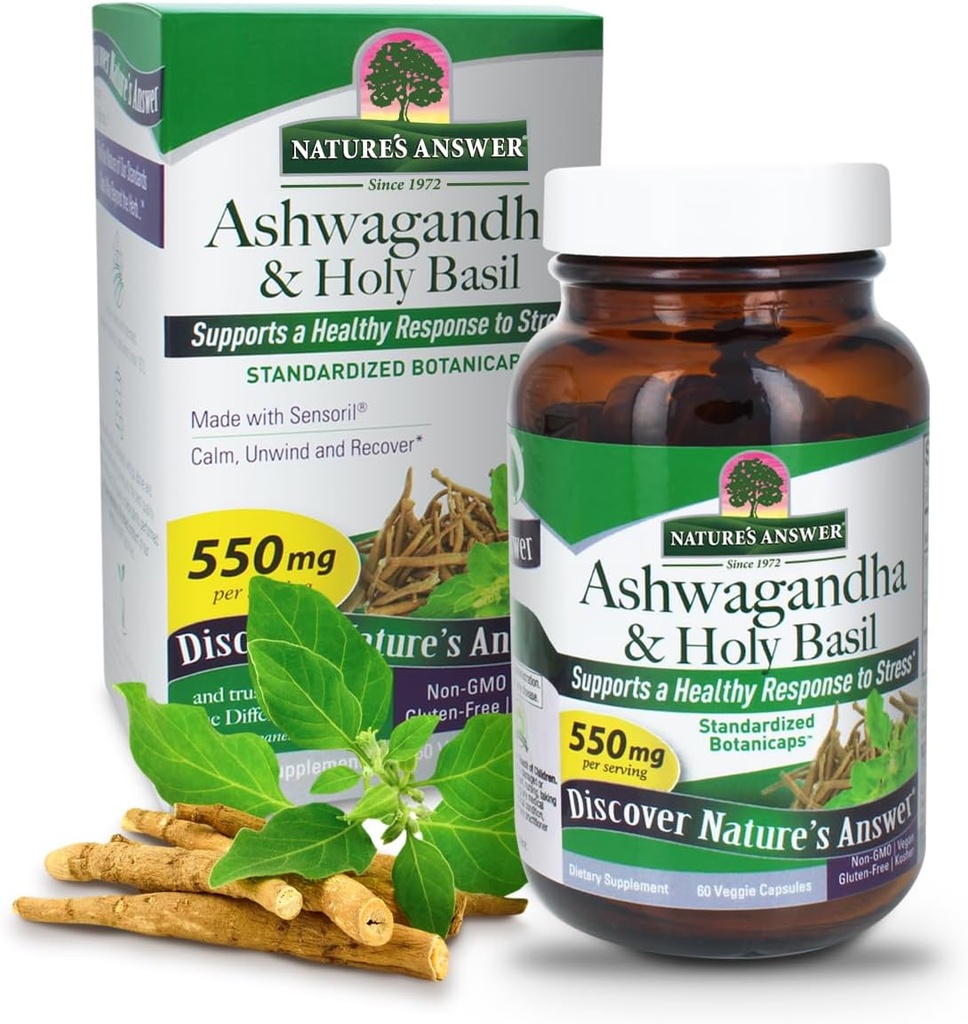 Respuesta de la naturaleza Ashwagandha Root with Holy Basil 60 Capsules ← Apoya una Respuesta Saludable a la Estrés* Silencio. Relájate y Relájate*. Silencio Gluten Free ← Non-GMO Silencio Kosher Silencio Vegan Silencio Vegetarian