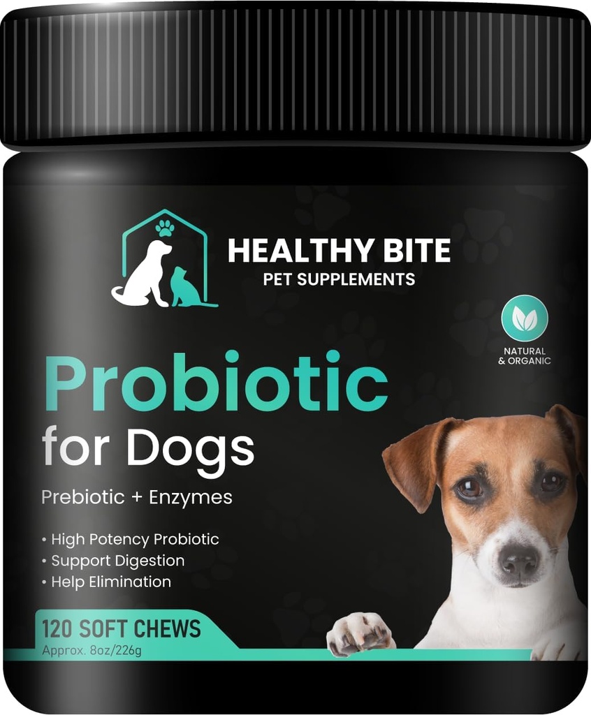 Probiótico de bita saludable para perros - Probiótico para perros para la diarrea, Gut Health y Itching, 6 Bacterias diferentes, Mandíbulas Probióticas para perros - Prebiótico para perros - Made in USA - 120 Con