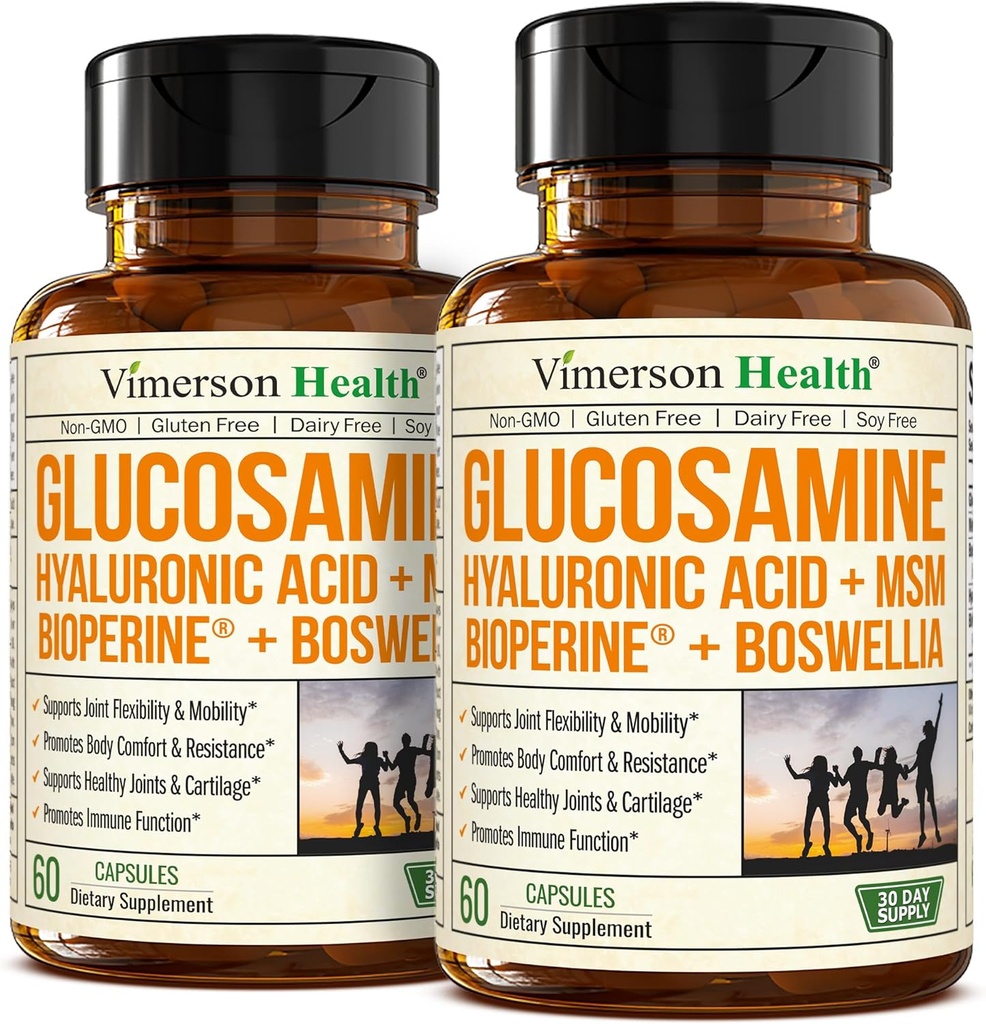 Sulfato de Glucosamina con ácido hialurónico, Boswellia, Black Pepper & MSM Suplemento – 5-en-1 Suplementos Conjuntos para Hombres y Mujeres – Salud Conjunta, Movilidad & Bone Strength – FSA Eligible 2 Pack