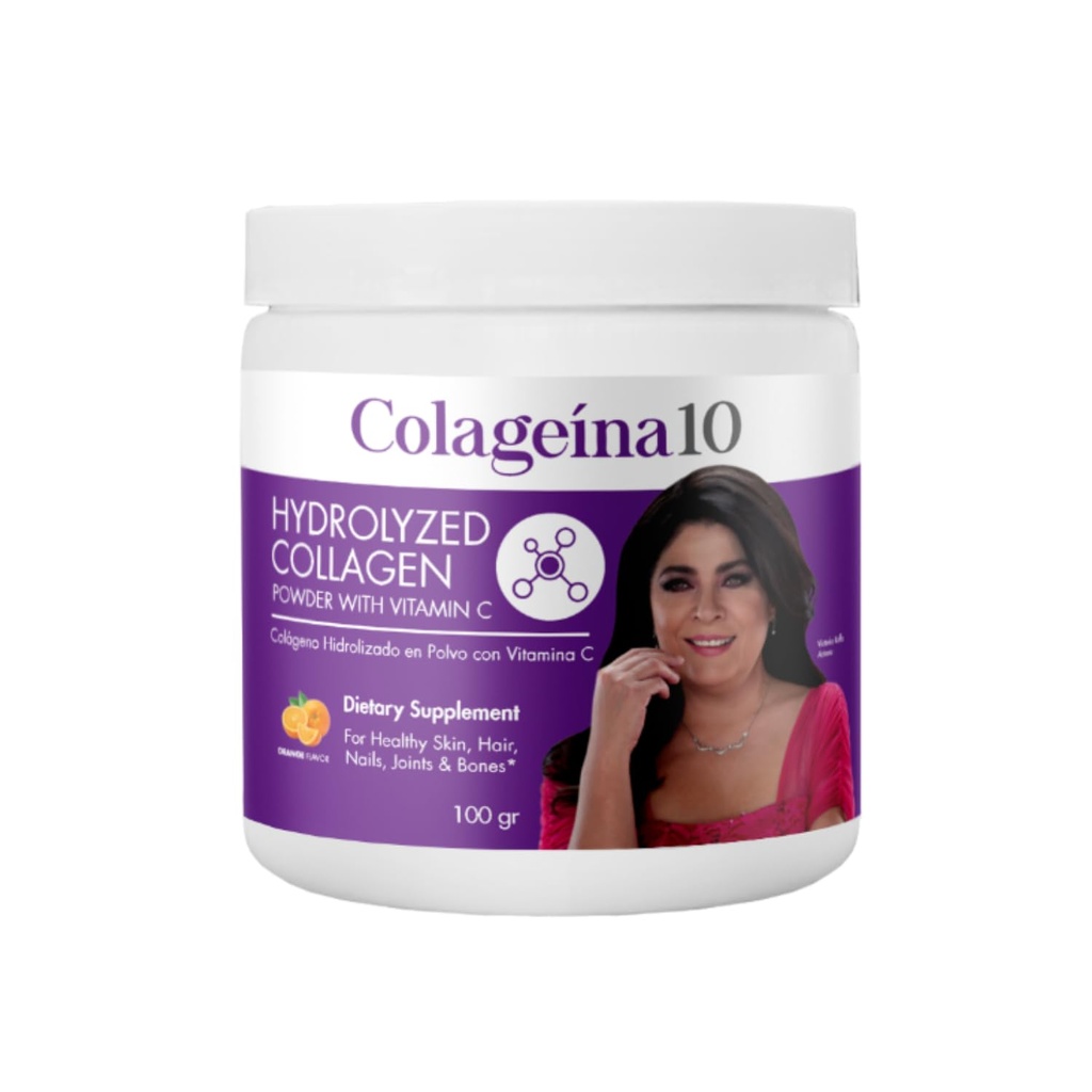 Colageina 10, Hidrolyzed Collagen Powder con vitamina C, mejora la apariencia de la piel, ayuda al crecimiento del cabello, uñas más sanas, 3.5 Oz Powder, Jar.