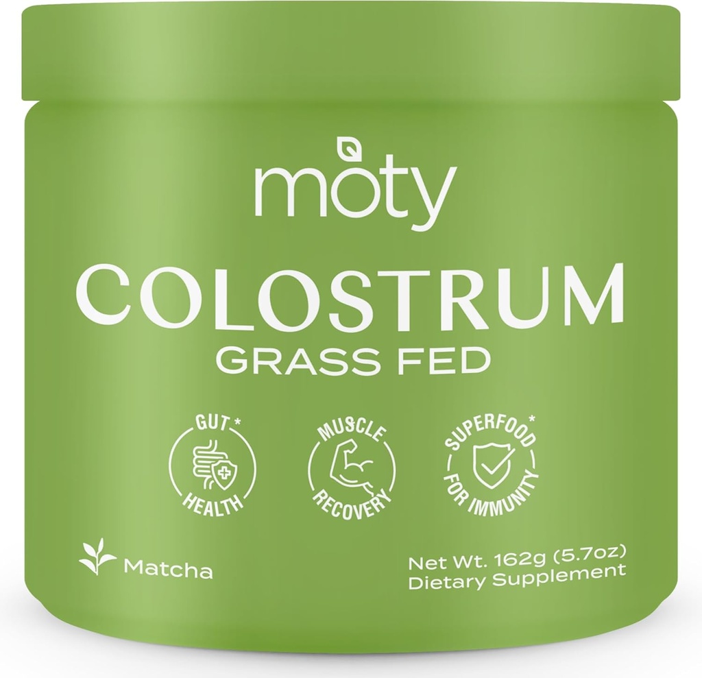 Moty Bovine Colostrum Grass Fed Powder Suplemento para Gut Health, Muscle Recovery, Superfood for Immunity, Gluten Free (60 Servings) - Matcha Flavored
