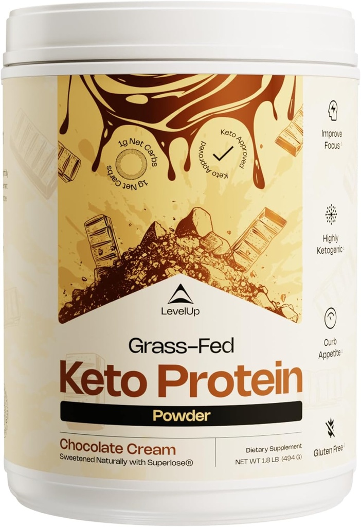 NivelUp WINNER - MEJOR KETO PROTEIN Grass-fed Collagen Protein Powder, C8 MCT Oil, Whey Protein Isolate, Irish Butter, Ketogenic Protein Shake Suplemento (Chocolate Cream)