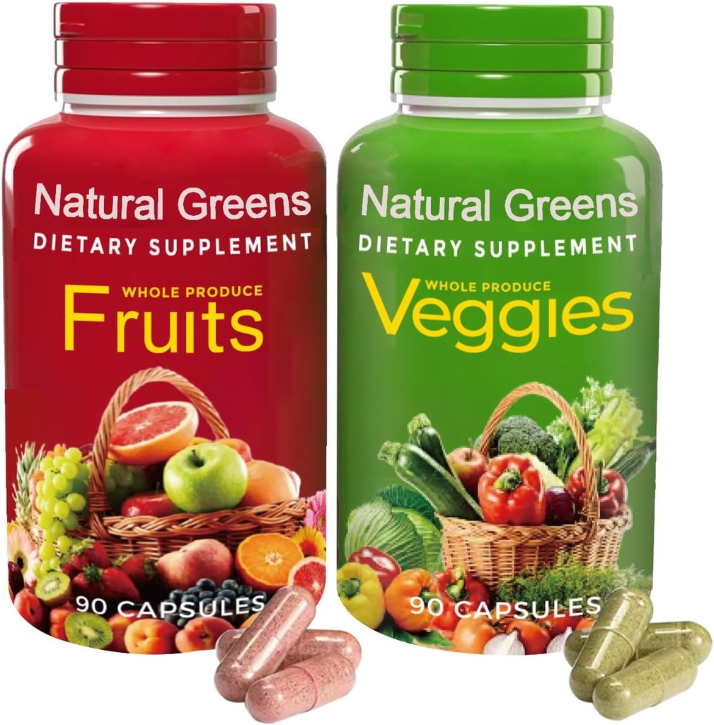 GRENOS NATURALES Suplemento de Frutas Ecológicas y Hortalizas – Superalimentos con Vitaminas y Probióticos – Apoya la Digestión, Inmunidad, Energ & Gut Health – 180 cápsulas para adultos &amp; niños