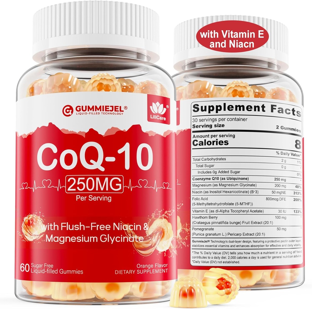 2 Pack - Sugar Free CoQ10 Filled Gummies 250MG, Coenzyme Q10 w/Magnesium Glycinate, Niacin No-Flush Vitamina B3, E ' Folic Acid, High Absorption CoQ10 for Hear-t, Cellular Energy & Antioxidant