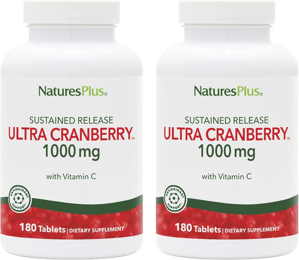 NaturesPlus Ultra Cranberry 1000-180 Tablas de liberación sostenidas, Pack of 2 - Apoya un Tract urinario saludable - No GMO, Vegetariano, Gluten Gratis - 180 Total Servings