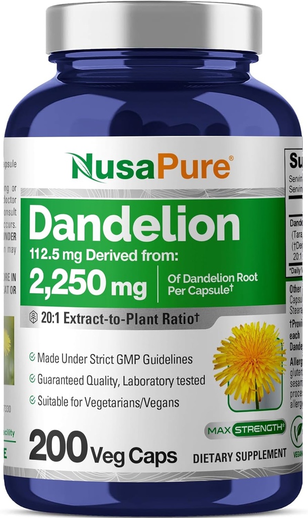 NusaPure Dandelion Root 20:1 Extracto, 112,5 mg Equivalente a 2,250 mg 200 cápsulas vegetales (No-GMO, Vegan)