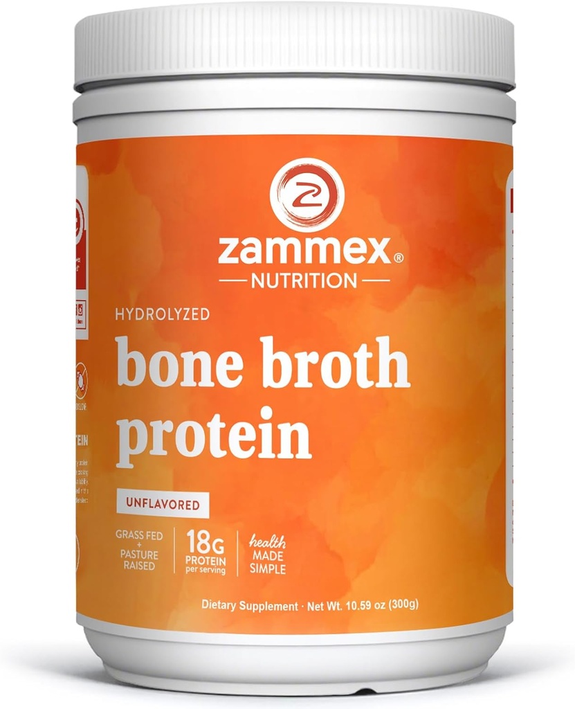 Zammex 100% Grass-Fed Beef Bone Broth Protein Powder, 20G Protein, Hydrolyzed Collagen Peptides Type 1&3, Supports Healthy Skin, Nails, Hair, Joints, Non-GMO, Gluten Free, Paleo & Keto Friendly