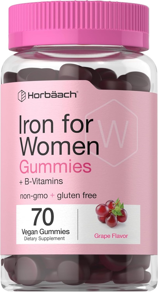 Horbäach Iron Gummies for Women tención 70 Conde ← Grape Flavor tención Suplemento con B Vitaminas Folate y Zinc viv Vegan, Non-GMO & Gluten Free