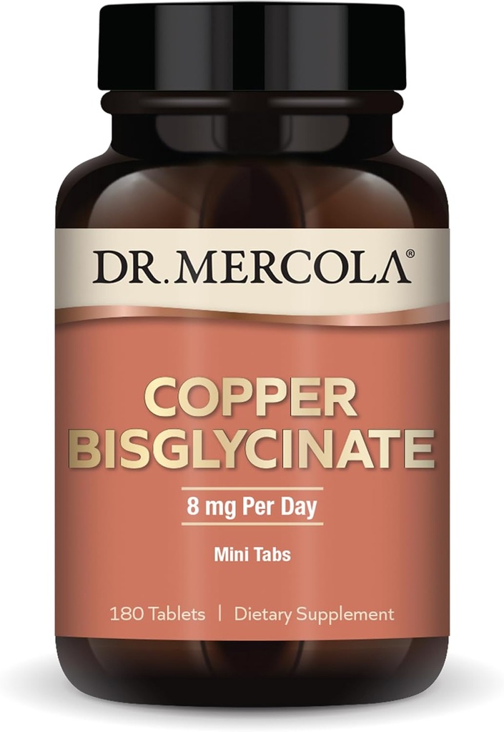 Dr. Mercola Copper Bisglycinate, 90 Servings (180 Tablets), Dietary Supplements, 8 mg Per Day, Mini Tabs, Supports Overall Health, Non GMO